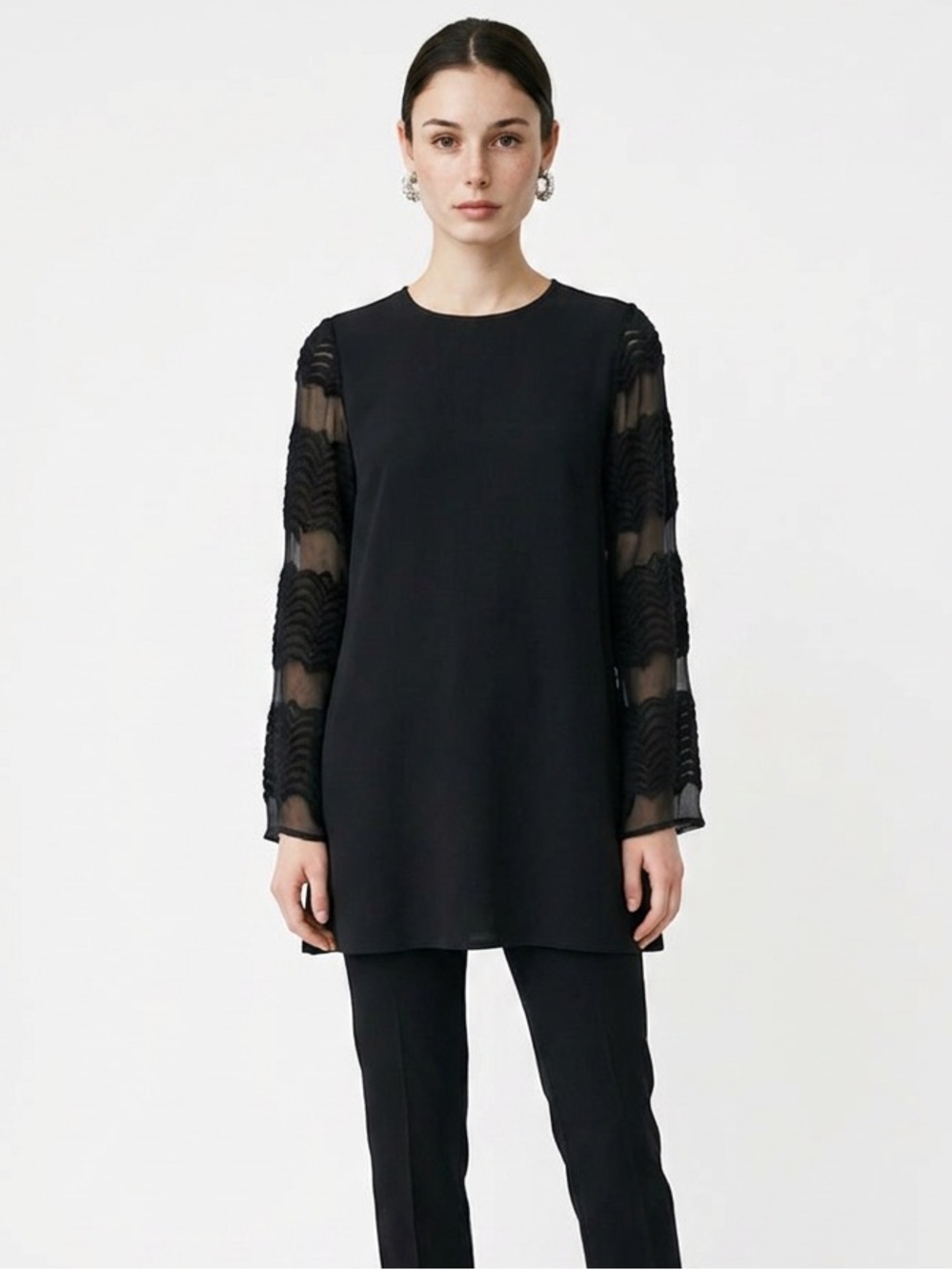 HALLELU | Black Tunic Length Top Long Sheer Sleeves Women’s Size Medium